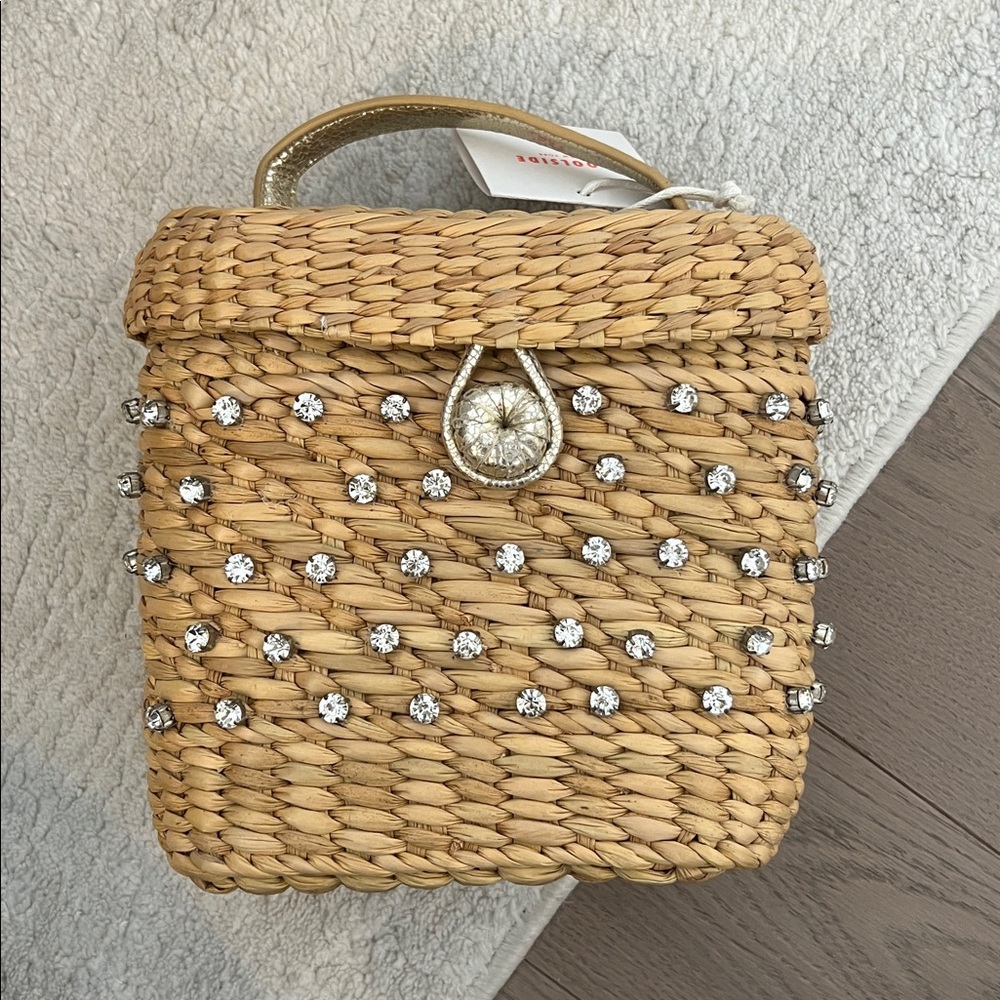 Elegant Tan Woven Bag with Silver Accents